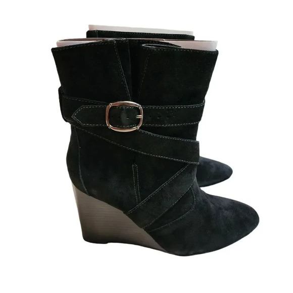 New Colin Stuart Women Black Leather Suede Belt Loop Booties Wedge Heel Size 8 B - Picture 1 of 10